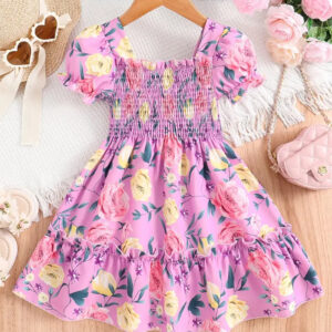 Girls Floral Puff Sleeve Dress Trendy Wear Party Dress For Baby Girls